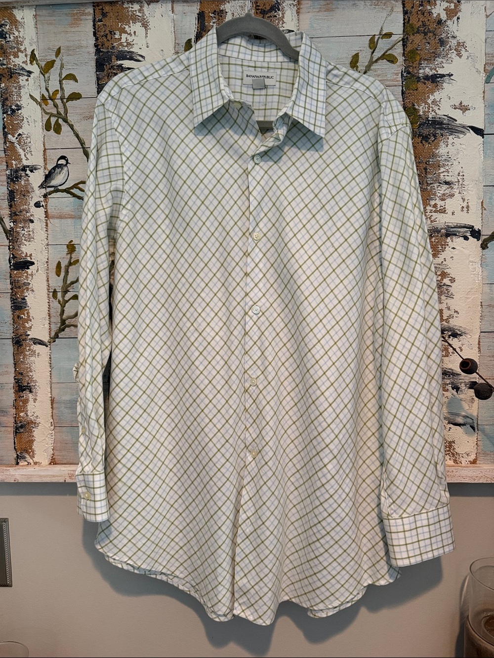 Banana Republic Men's Green and White Plaid Dress Shirt